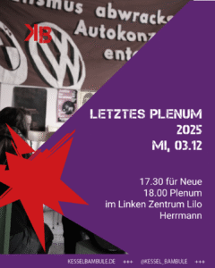 Im Hintergrund Menschen im Stuhlkreis und das Banner „Kapitalismus abwracken, Autokonzerne enteignen“