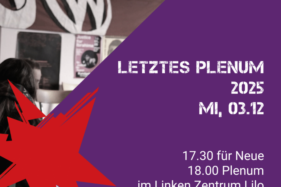 Im Hintergrund Menschen im Stuhlkreis und das Banner „Kapitalismus abwracken, Autokonzerne enteignen“